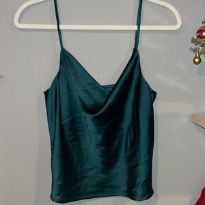 Green satin cowl neck top